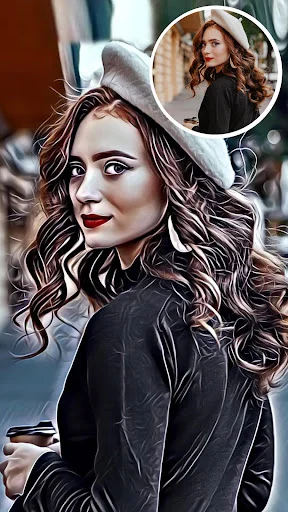 Cartoon filter transforming happy friends photo into illustrated art style with original comparison