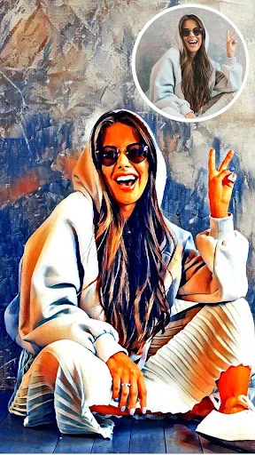 Cartoonify app turning woman in straw hat into artistic sketch with original photo comparison bubble