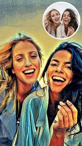 Face toon cartoon filter app interface showing photo transformation with before-and-after comparison