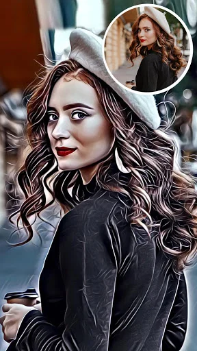 Cartoon filter app transforming woman portrait into illustrated art style with original photo comparison
