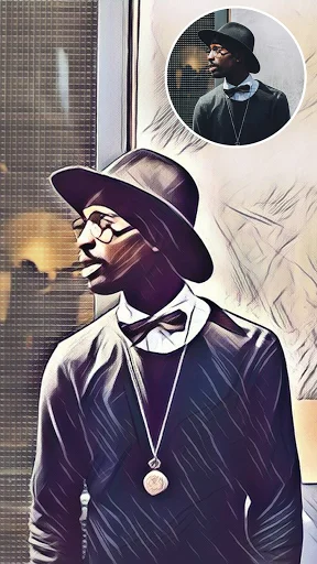 Cartoon face editor creating stylized portrait of man in hat with original photo shown in corner