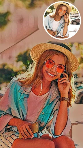 Cartoon picture app turning summer portrait into sketch-style illustration with original photo preview