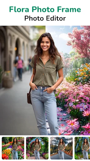 Flora Photo Frame Editor app showcasing nature background changer with woman in floral garden scene