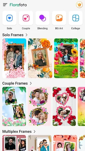 Flora Photo Editor home screen showing solo, couple, blending, BG art and collage frame categories