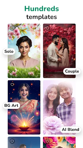 Photo frame templates gallery showing solo, couple, BG art and AI blend editing options