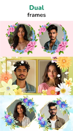 Dual photo frames feature with floral decorative borders for couple photos in circular and square layouts