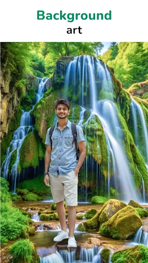 Background art editor showing waterfall nature scene replacement in photo editing app