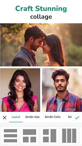 Collage maker interface with layout and border customization options for multiple photos