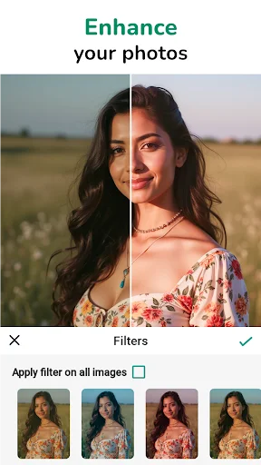 Photo enhancement tool with before and after comparison and color filter options