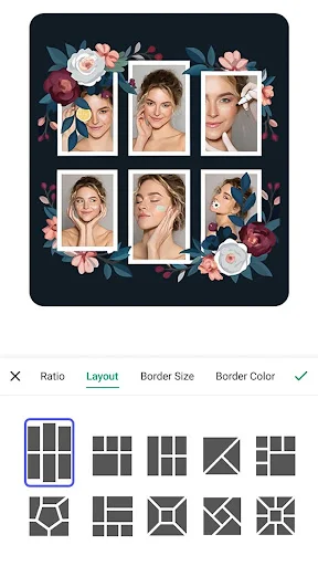 Multi-photo collage layout with floral frame border and grid arrangement options