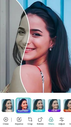 Photo filter effects including fantasy, neon, and film styles with before-after preview