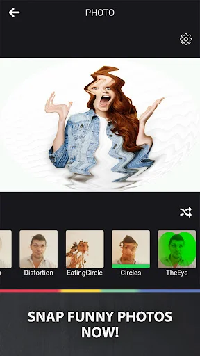 Funny Camera Distortion effect with lightning bolt distortion creating exaggerated facial features and wild expression photo manipulation