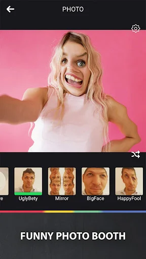 Funny Camera funny photo booth interface with pink background selfie showing available portrait effects including Mirror and BigFace filters