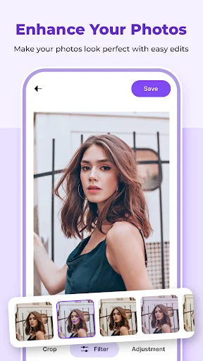 Photo editing screen showing portrait enhancement with Crop, Filter, and Adjustment editing tools, Save button, and back navigation for applying photo edits