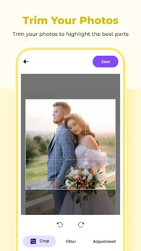 Photo trimming tool interface displaying wedding photo with crop handles and Crop, Filter, Adjustment options for resizing and enhancing photo composition