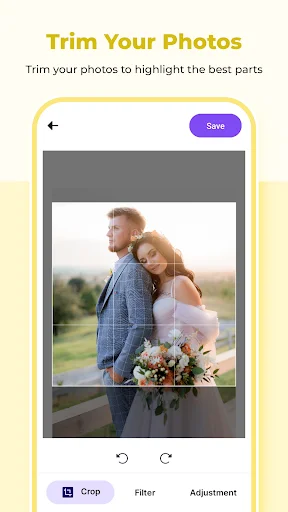 Photo trimming tool with couple image and adjustable side handles to crop and trim photos to highlight best composition areas