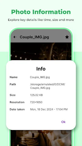 Photo information details screen displaying metadata including filename, file path, size, resolution and date taken for Couple_IMG.jpg