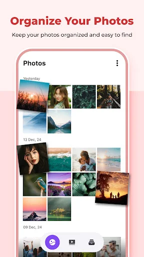 Photo gallery organizing interface displaying photos in grid layout sorted by date Yesterday, 19 Dec, 03 Dec with bottom action toolbar for viewing and managing photos