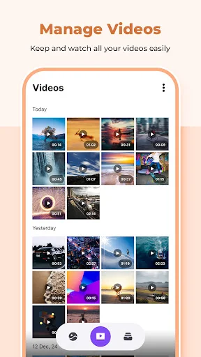 Video gallery management view showing video thumbnails organized by Today, Yesterday, 12 Dec with duration labels and bottom toolbar for video playback and actions