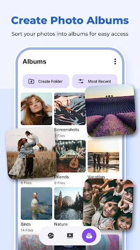 Photo albums creation screen with Create Folder and Most Recent options displaying album categories Screenshots, Friends, Vacation, Birds, Nature with thumbnail previews