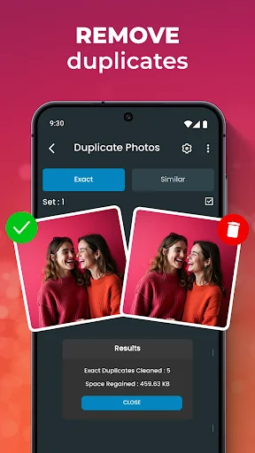 Remove duplicate photos feature showing exact and similar photo detection with cleanup results