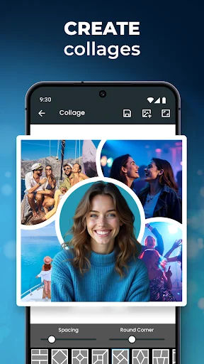 Create photo collages screen with multiple images arranged in customizable layouts and spacing options