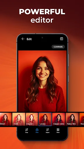 Powerful photo editor with filters including Canyon, Lovely, and Classic retro effects for editing images