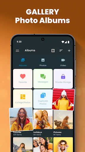 Gallery Photo Albums main screen displaying organized albums including Favorites, Videos, and Private Folders