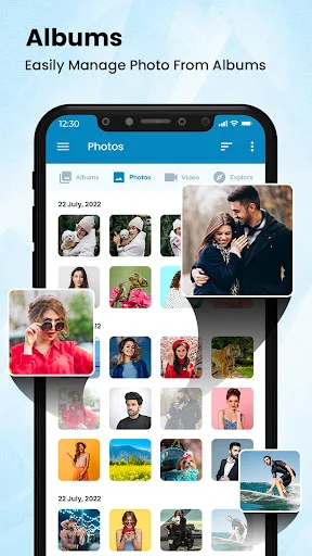 Albums view for managing photos organized by date with grid layout and enlarged photo preview