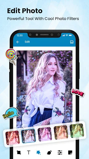 Edit photo screen with color filters and editing tools including stickers and text options