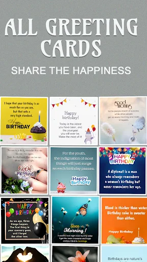 Greeting Cards gallery featuring birthday wishes, good morning greetings, holiday designs, and celebration themes to share.