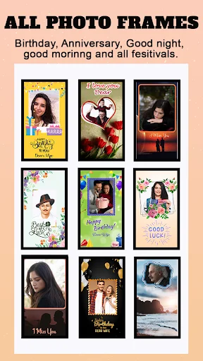 Photo Frames collection with birthday, anniversary, good morning, festival templates to customize and personalize photos.