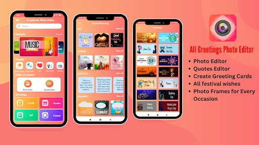 Greet Photo Frame Editor app interface with photo editor, collage maker, quotes editor, and festival greeting templates