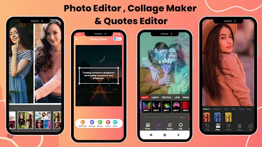 Photo editor collage maker with image filters, text editing, and quotes overlay features demonstrated on mobile screens