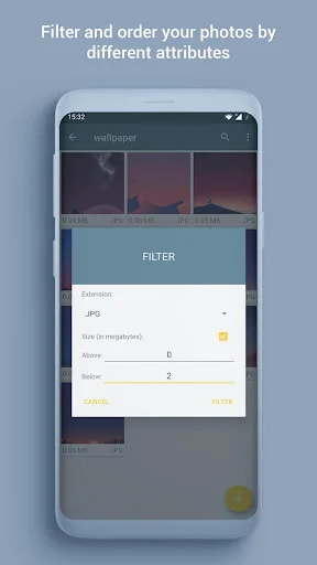 Filter and order photos by file extension size date resolution and custom attributes