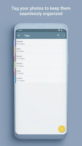 Tag organization system with custom photo categories like Evening Sunrise Sunset Dogs