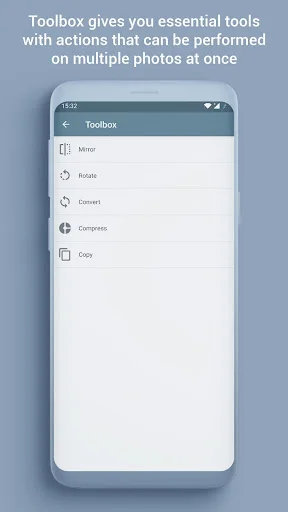 Toolbox menu with essential tools Mirror Rotate Convert Compress Copy for batch actions