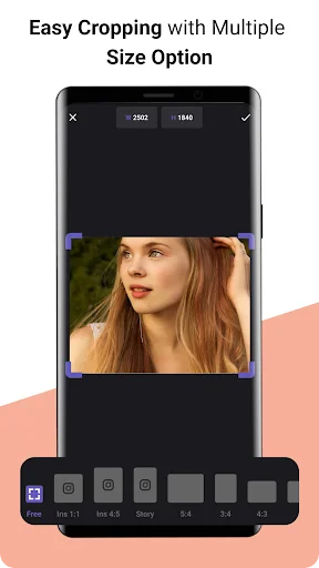 Easy photo cropping with multiple size options including 2x2 16x9 Story 9x4 ratios
