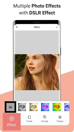 Multiple photo effects including DSLR effect filters with Frame Overlay Texture options