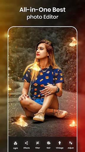 Photo editor app showcasing light effects and sparkle filters on portrait with editing tools menu