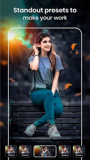 Photo editing app displaying preset filters and themes for artistic photo enhancement and stylish effects