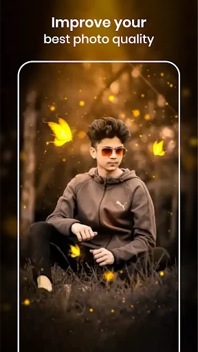 Photo quality enhancement screen showing butterfly light effects and creative overlays for portraits