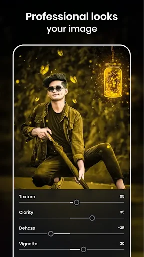 Photo editor texture and clarity adjustment sliders for professional image enhancement and vignette effects