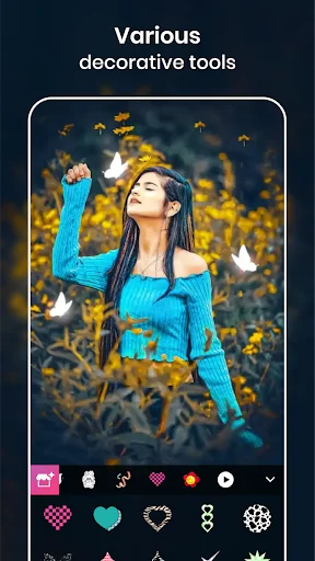 Decorative stickers and overlays feature with birds and heart shapes for creative photo editing