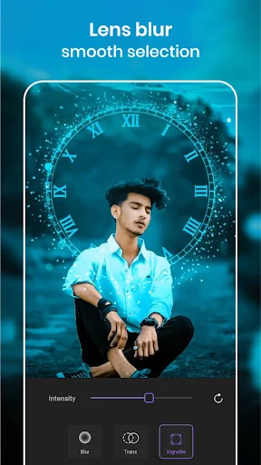 Lens blur tool with clock overlay and background blur selection for portrait depth effects