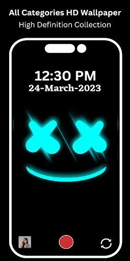 Neon smiley face HD wallpaper displayed on mobile lockscreen with time and date customization options