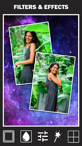 Filters and effects editor with purple galaxy background displaying photos with editing tools and options