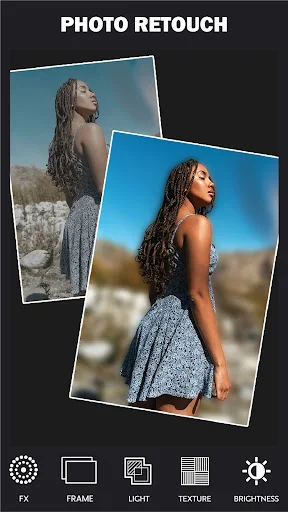 Photo retouch feature showing before and after image editing with brightness, frame, and texture controls