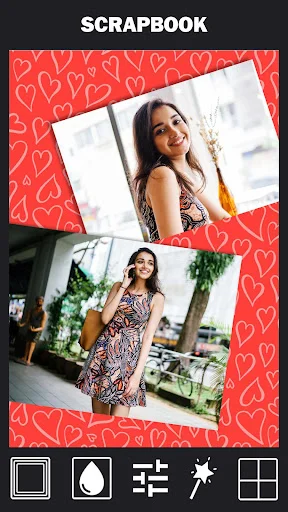 Scrapbook feature with red heart pattern background and decorative photo frames for picture editing