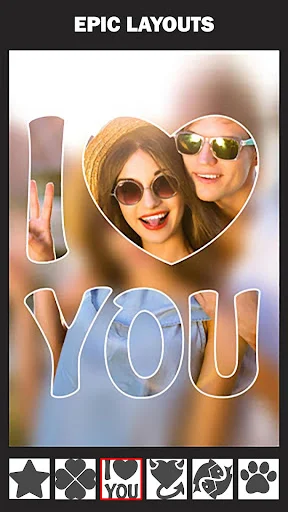 Epic layouts feature showing heart-shaped photo frame with I LOVE YOU text overlay and creative templates